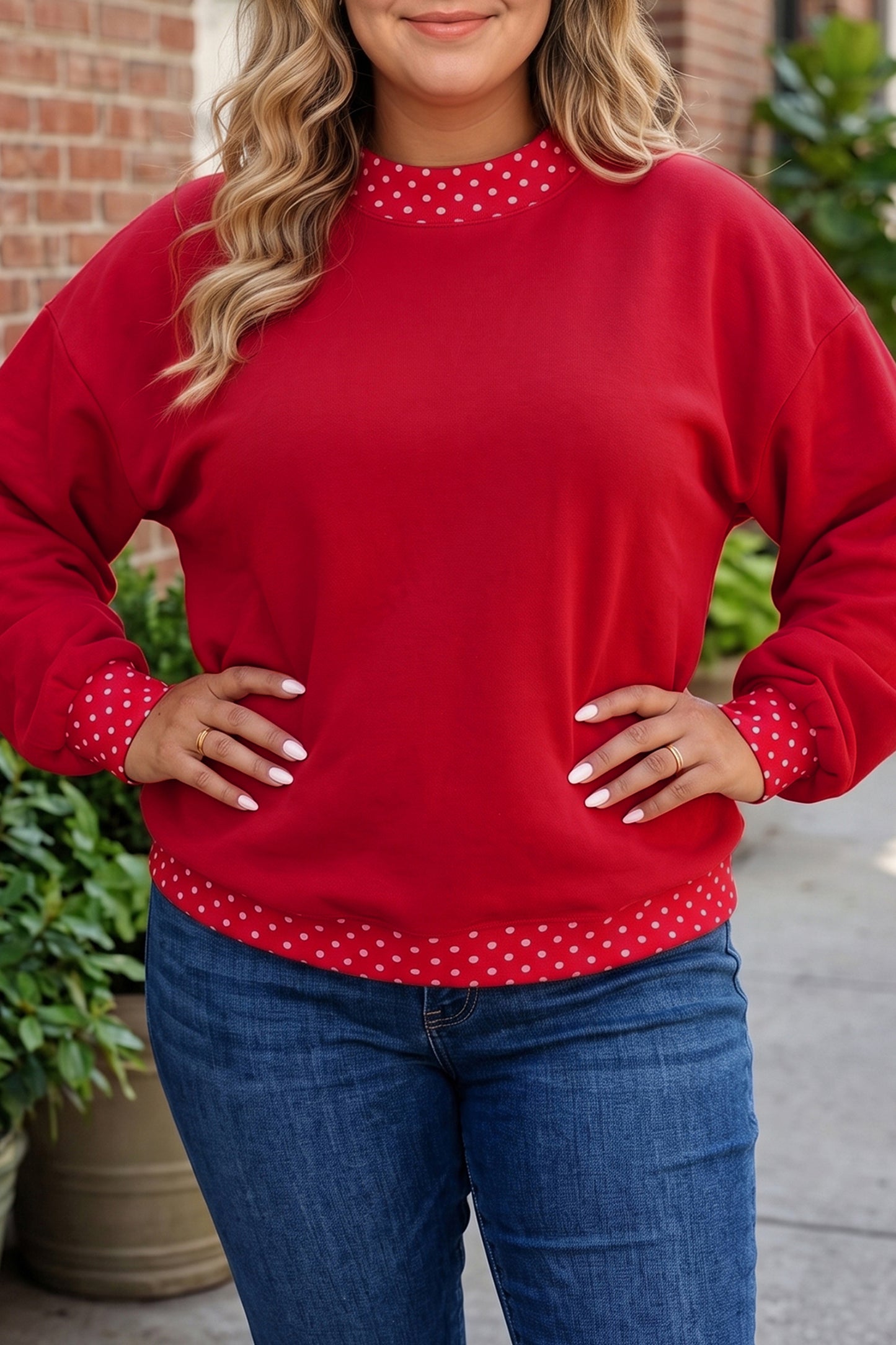 Orange Polka Dot Patchwork Round Neck Plus Size Sweatshirt