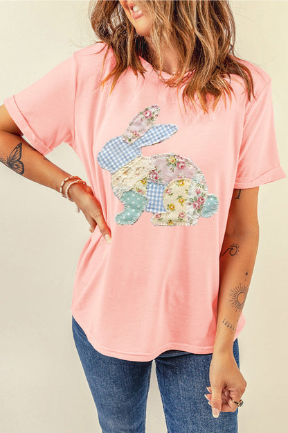 Pink Vibrant Easter Bunny Patchwork Printed T Shirt