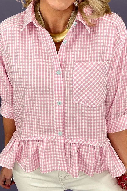 Pink Plaid Half Sleeve Ruffle Hem Button Down Shirt