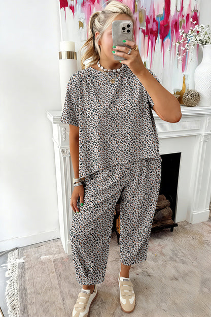 Brown Leopard High-Low Loose Tee Ankle Length Pants Set
