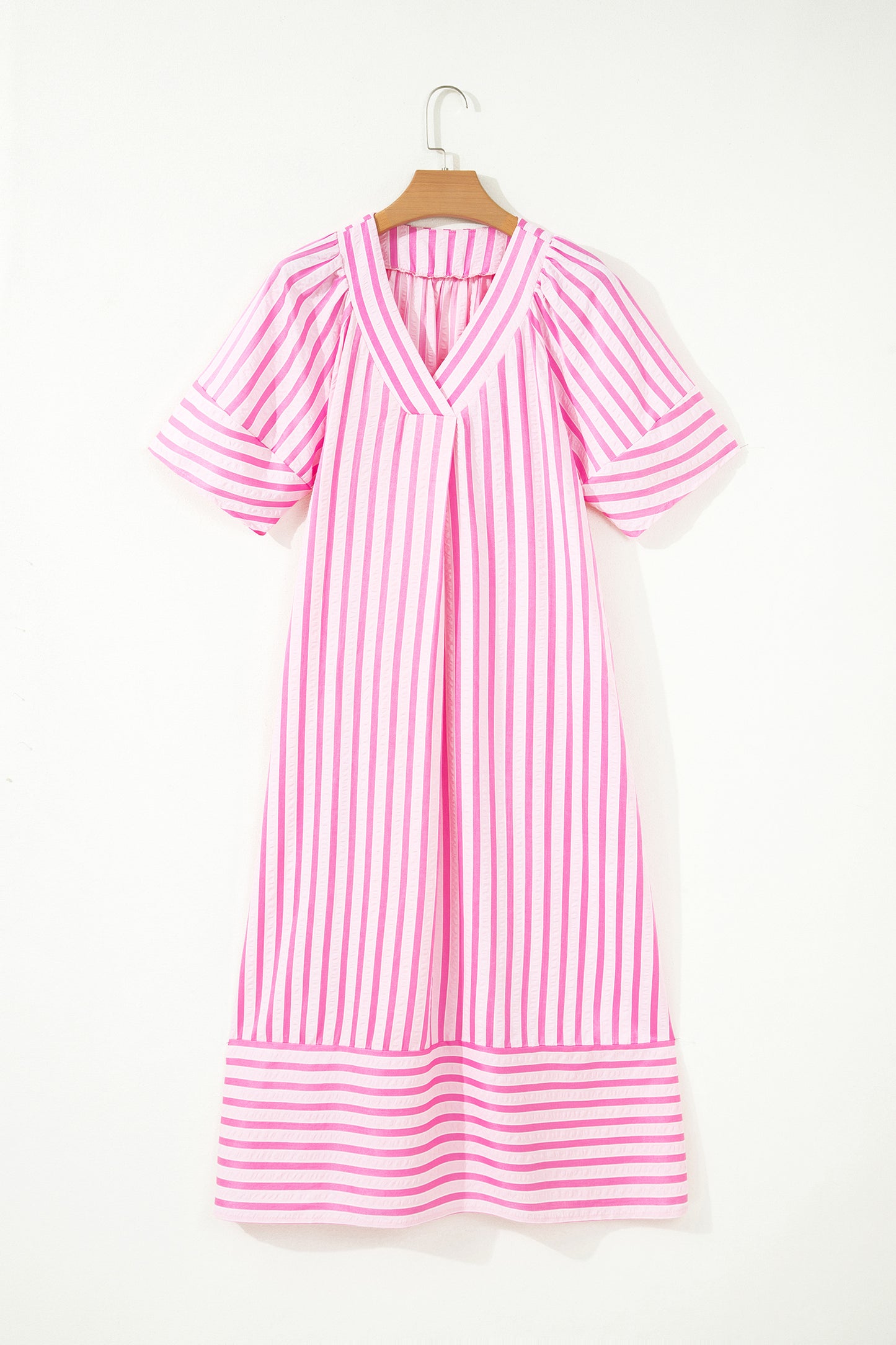 Pink Stripe V Neck Short Sleeve Shift Long Dress