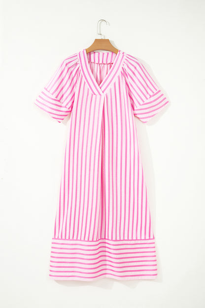 Pink Stripe V Neck Short Sleeve Shift Long Dress
