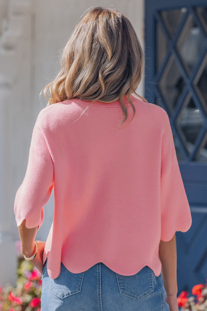 Myosotis Scalloped Hem 3/4 Sleeve Sweater Top