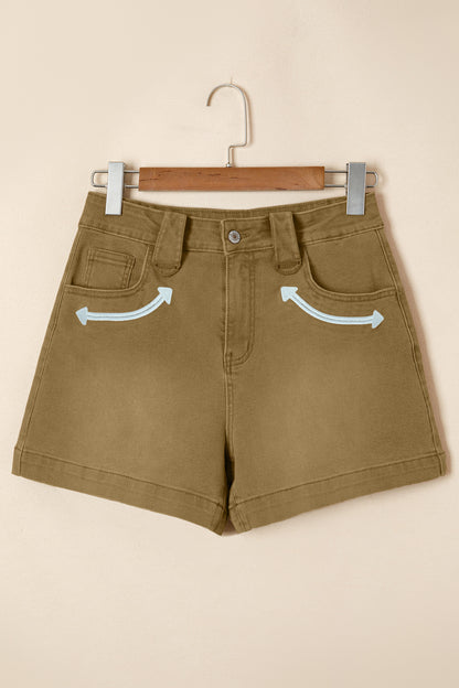 Pale Khaki Contrast Arrow Detail Western Denim Shorts