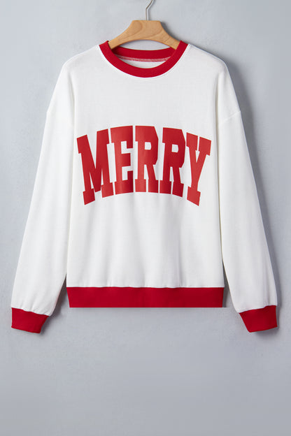 Beige Color Block Trim Merry Slogan Pullover Sweatshirt