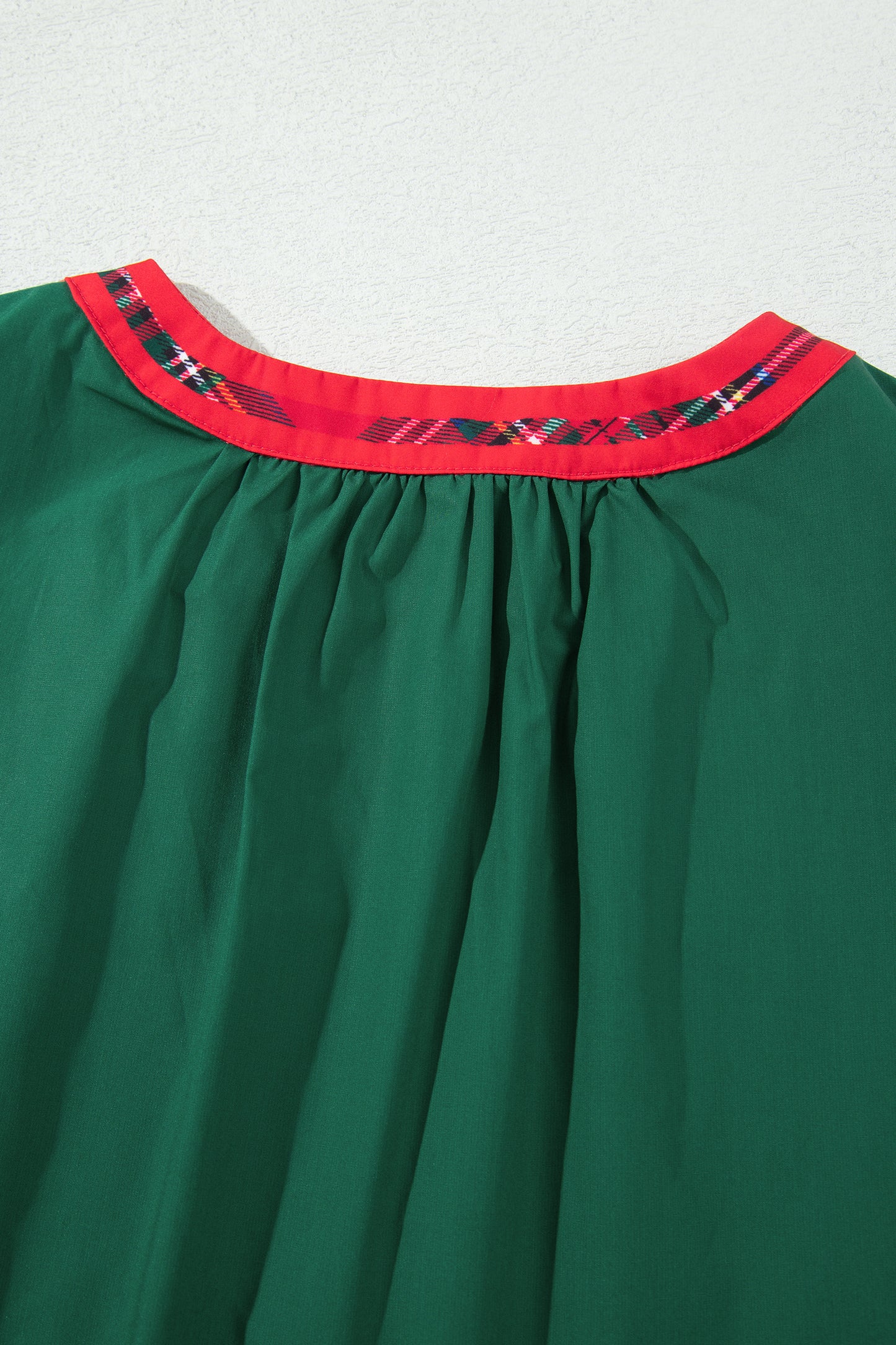 Evergreen Plaid Trim V Neck Short Sleeve Shift Blouse