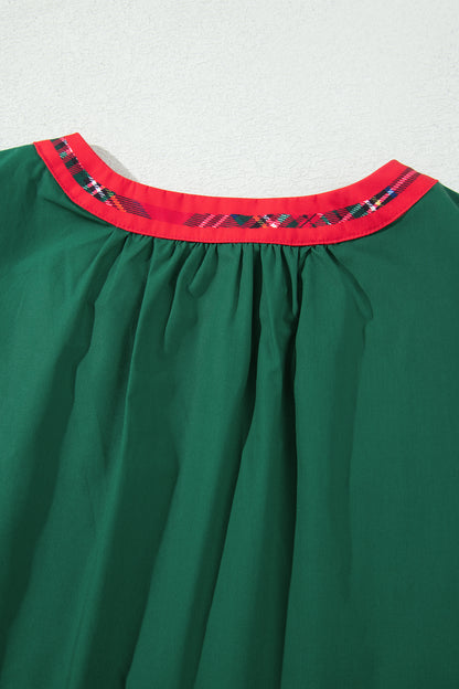 Evergreen Plaid Trim V Neck Short Sleeve Shift Blouse