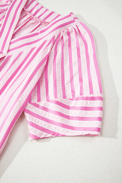 Pink Stripe V Neck Short Sleeve Shift Long Dress