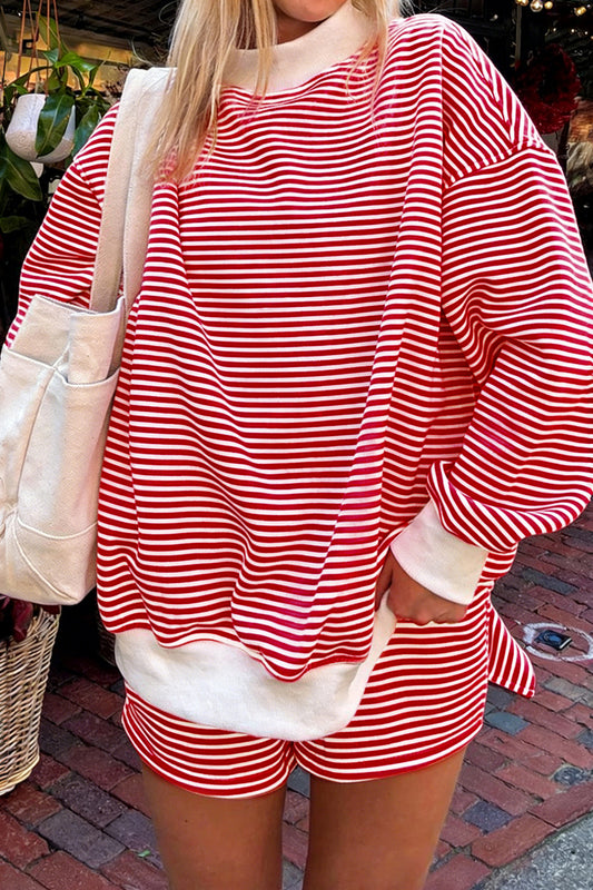 Red Stripe Oversize Mock Neck Sweatshirt and Shorts Set