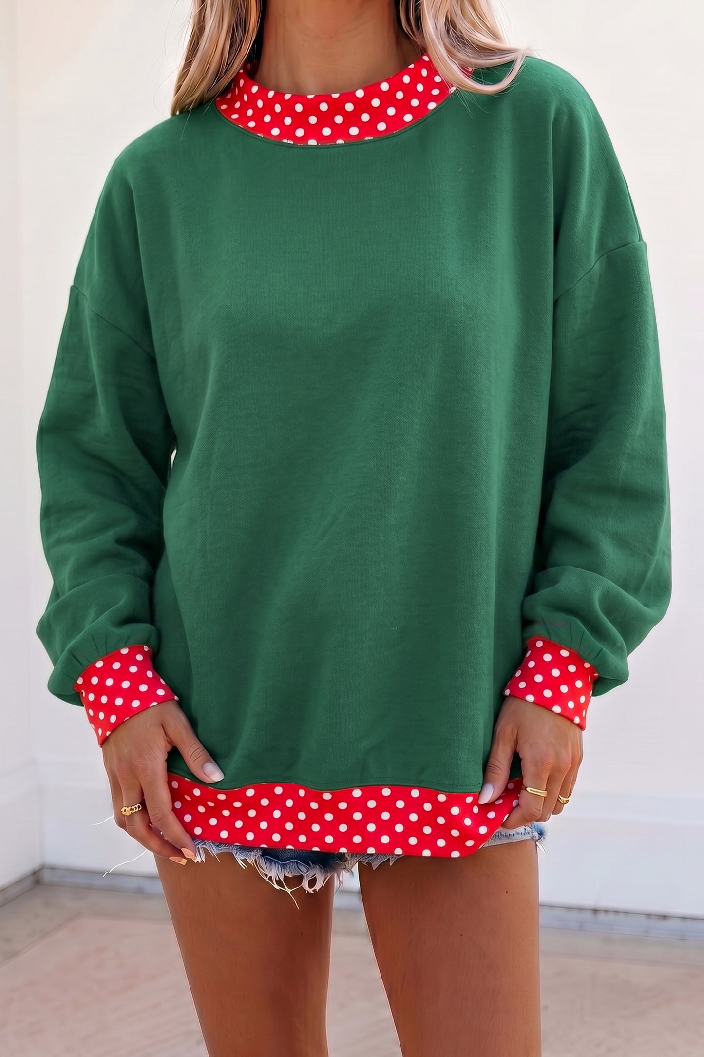Brown Colorblock Polka Dot Contrast Trim Oversized Sweatshirt