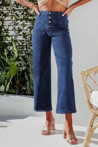 Sail Blue High Waist Button Front Wide Leg Cropped Jeans