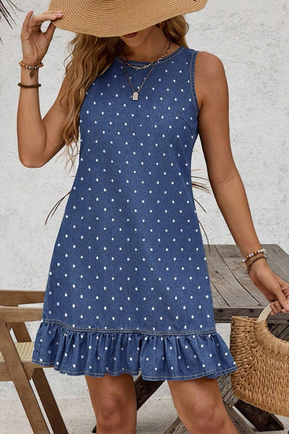 Blue Polka Dot Ruffle Hem Sleeveless Denim Mini Dress
