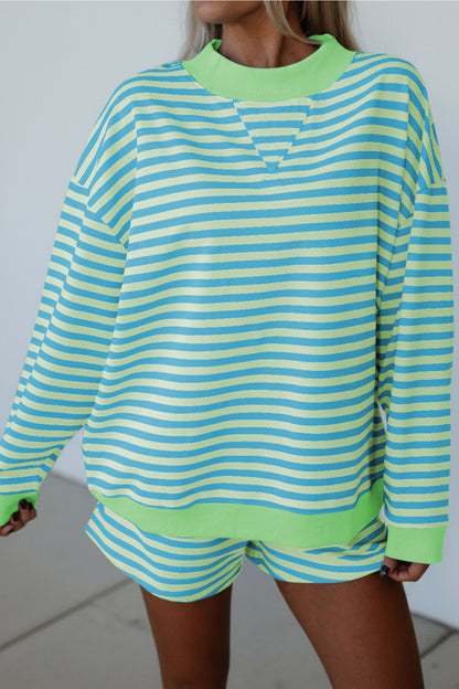 Yellow Stripe Color Block Detail Long Sleeve Pullover Elastic Waist Pull On Shorts 2pcs Set