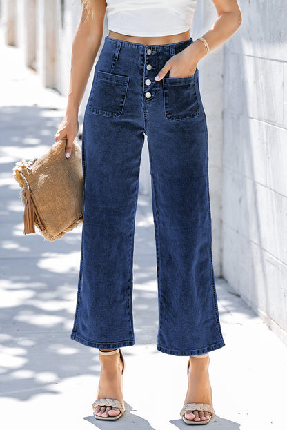 Sail Blue High Waist Button Front Wide Leg Cropped Jeans