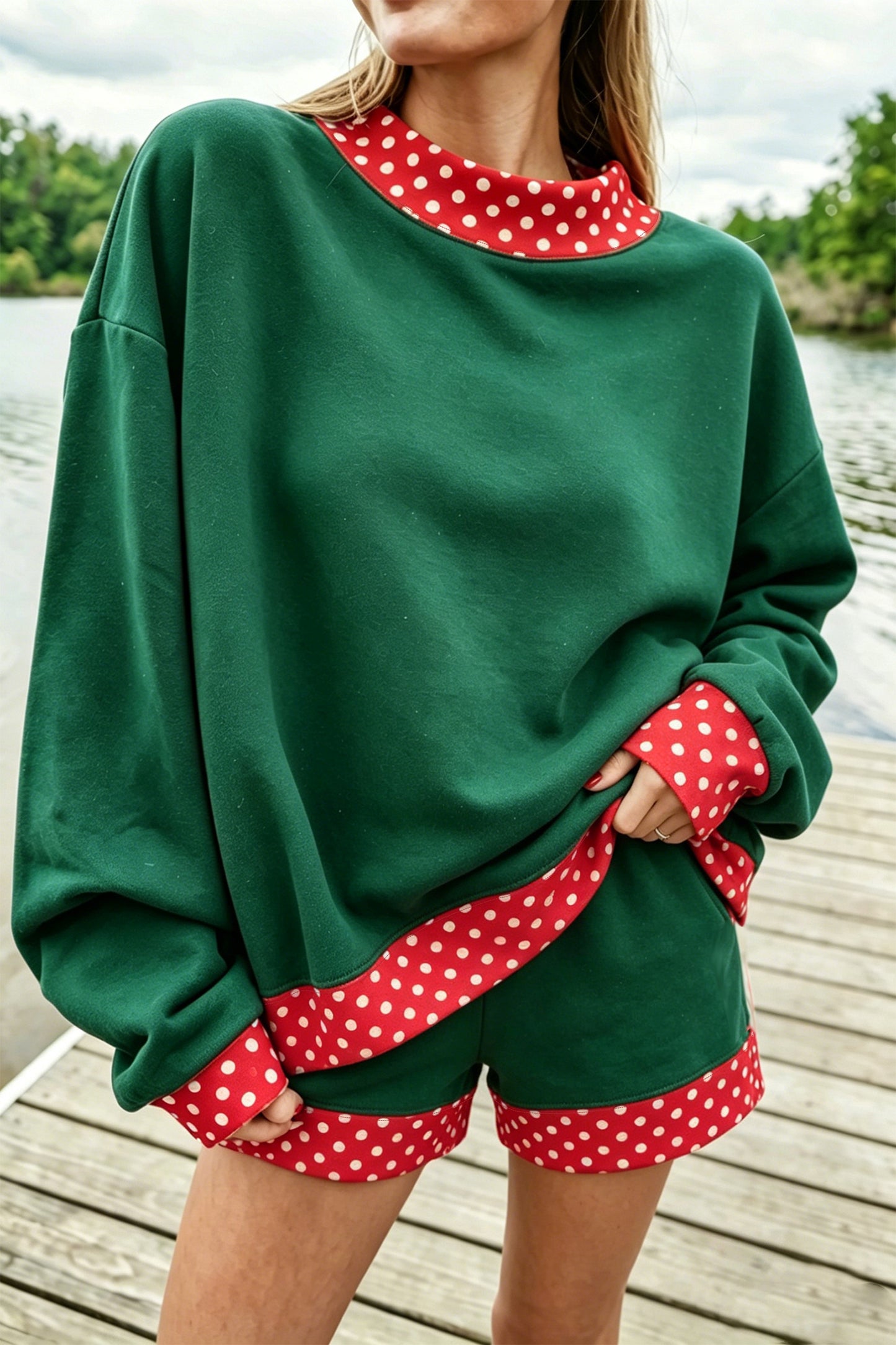 Racing Red Polka Dot Trim Baggy Pullover 2pcs Short Set