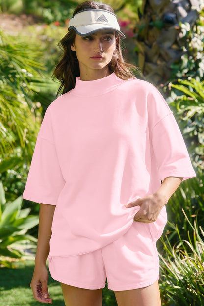 Yellow Cream Solid Color Exposed Seam Mock Neck Oversize Tee Casual Shorts 2pcs Outfit