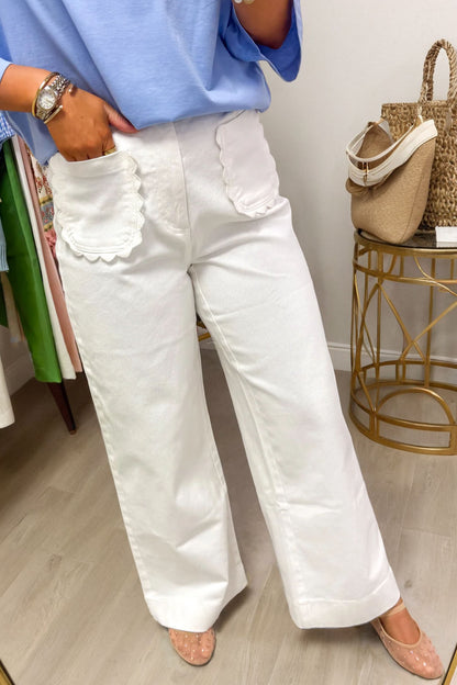 Yellow Solid Color Scalloped Patch Pocket Shift Jeans