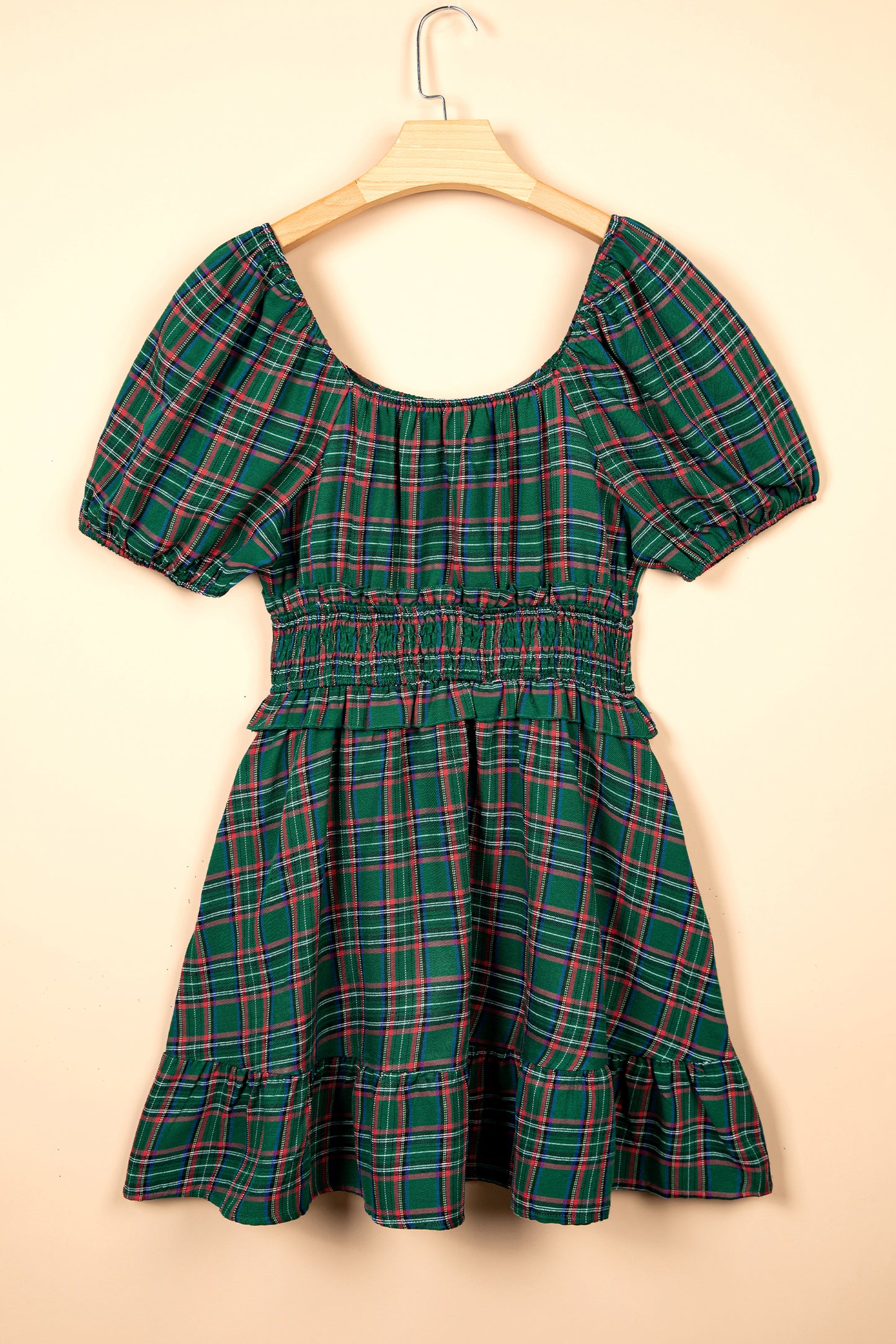 Green Plaid Shirred U Neck Short Sleeve Mini Dress