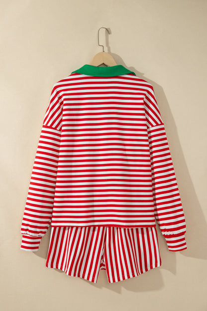 Red Stripe Colorblock Trim Polo Collar Drawstring Elastic Waist Band Casual 2pcs Outfit