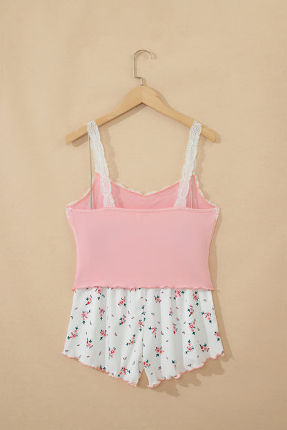 Pink Ribbed Knit Lace Straps Patchwork Lettuce Hem Cropped Top Floral Short Lounge Set
