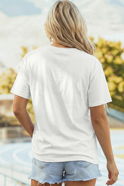 White Sequin Rugby Pattern Round Neck Casual T Shirt