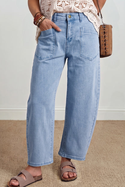 Coffee Solid Color Square Patch Pocket Ankle-length Barrel Jeans