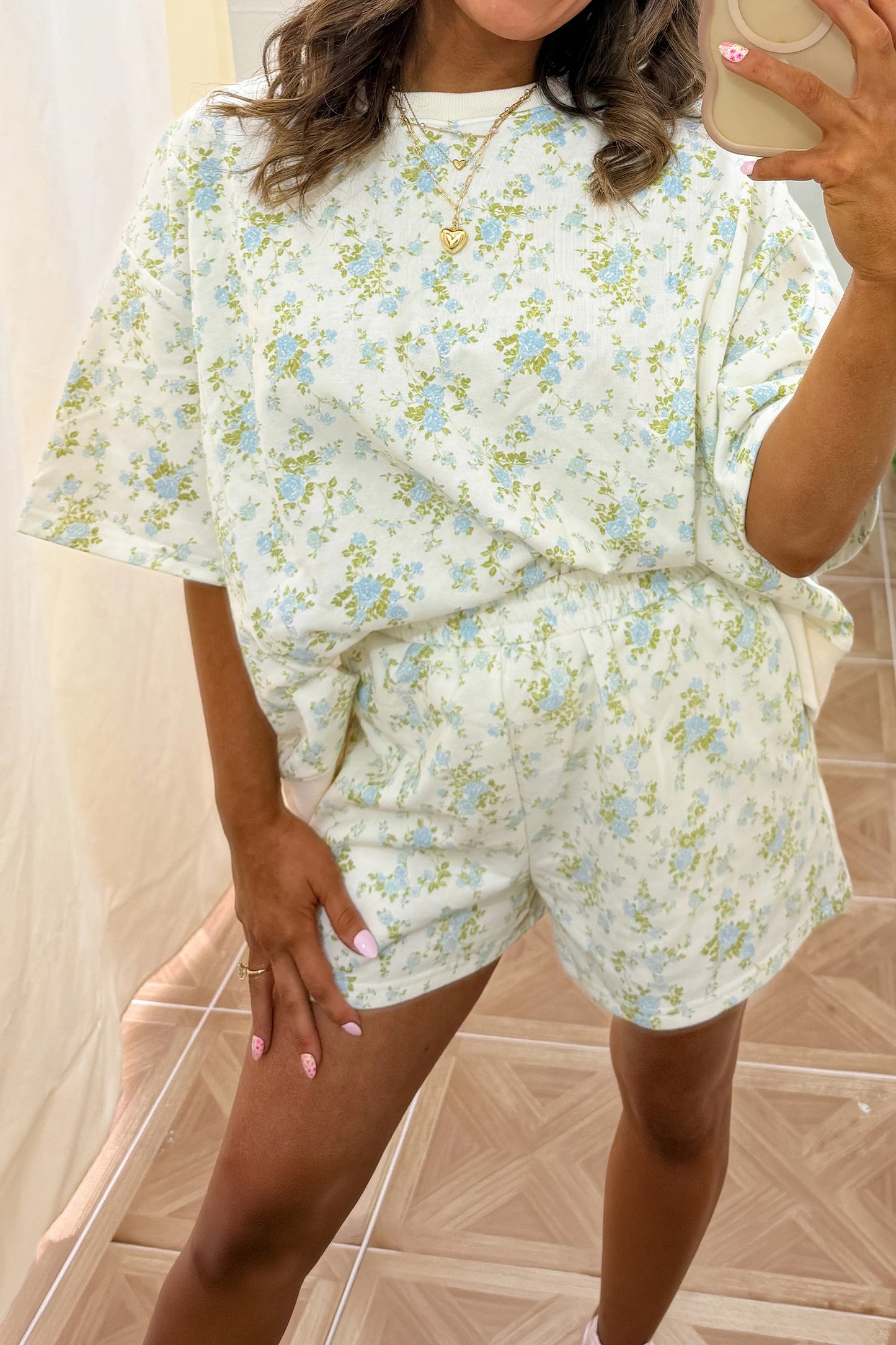 Pink Floral Print Short Sleeve Elastic Waist Pocket Two Piece Set