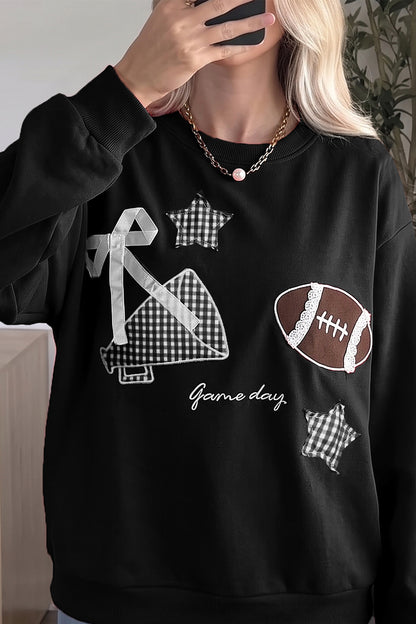 Black Gingham Patch Embroidered Rugby Game Day Stars Sweatshirt