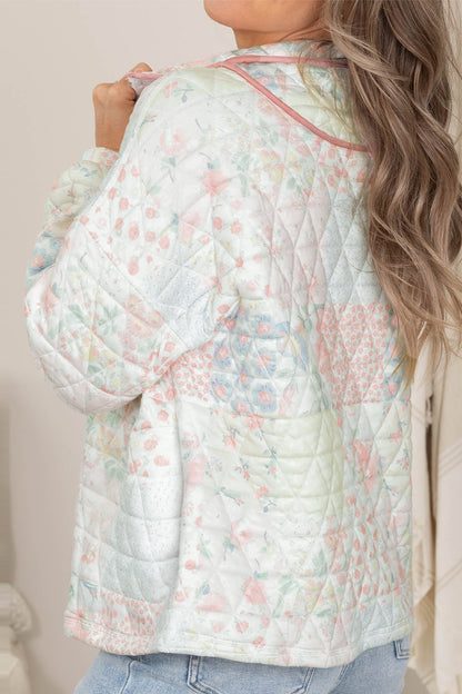 Multicolour Floral Quilted Metal Zipper Collar Long Sleeve Sweatshirt