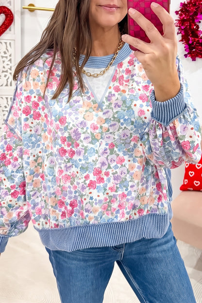 Multicolour Floral Print Round Neck Long Sleeve Top