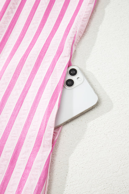 Pink Stripe V Neck Short Sleeve Shift Long Dress