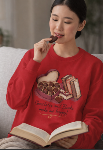 Chocolates and Books crewneck sweatshirt | Book Lover Chocolate Illustration Valentines Day