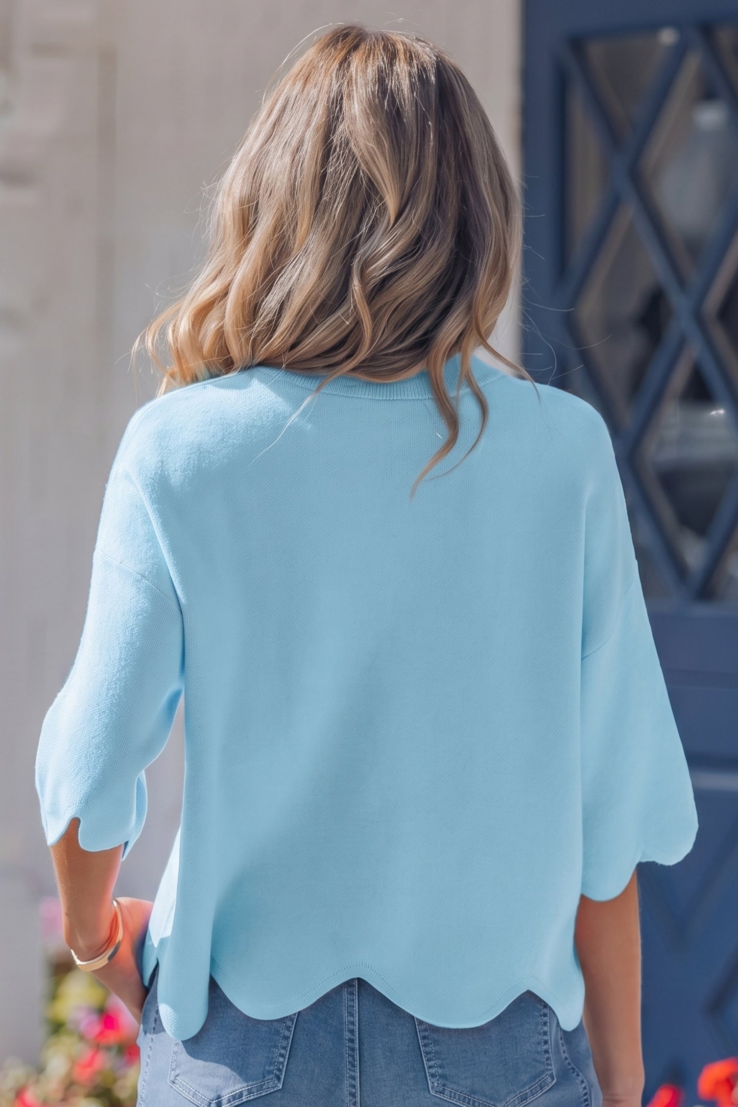 Myosotis Scalloped Hem 3/4 Sleeve Sweater Top