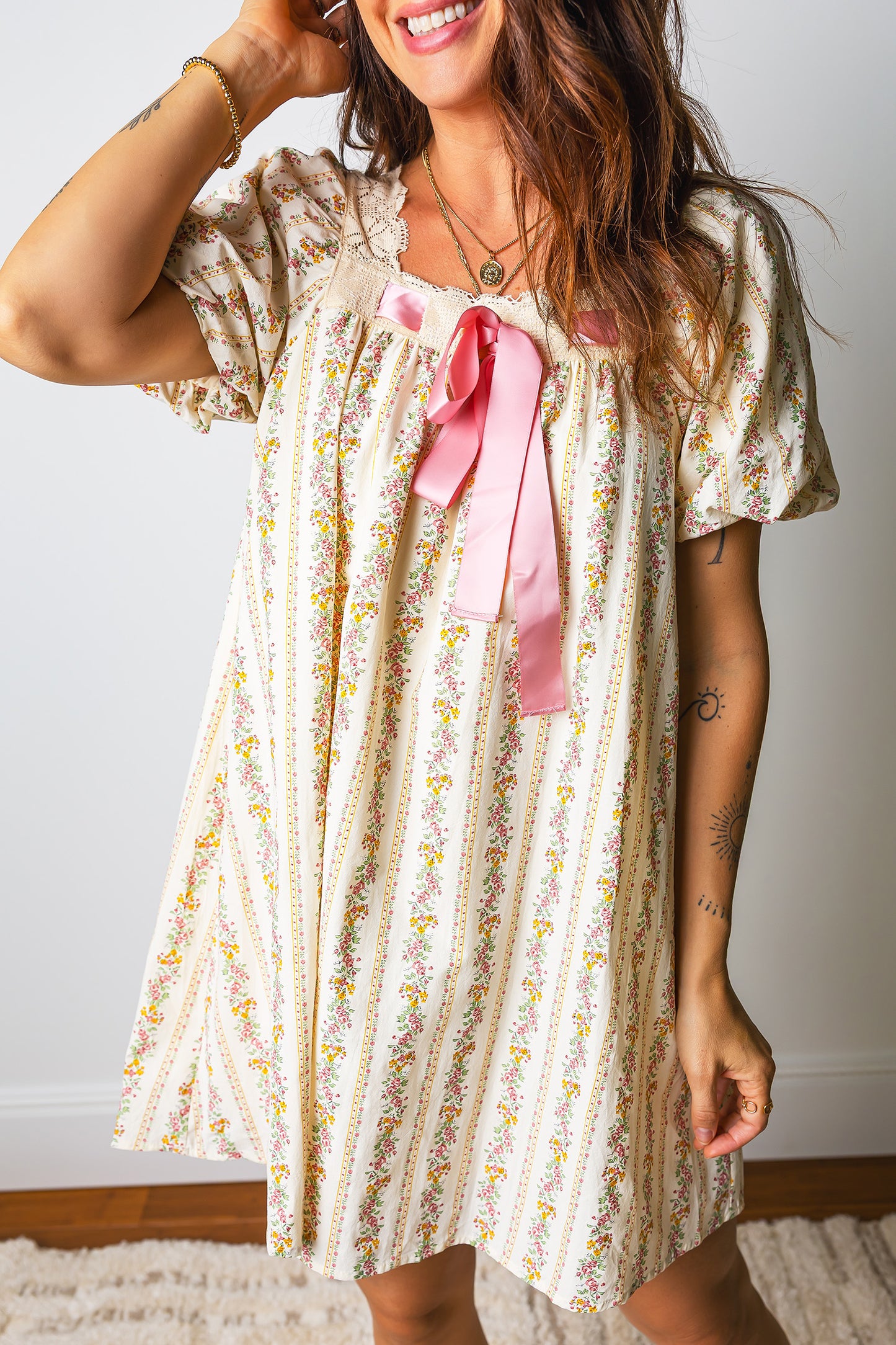 Multicolour Floral Print Contrast Ribbon Bow Lace Trim Square Neck Mini Dress