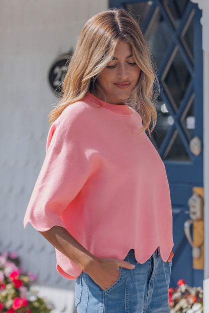 Myosotis Scalloped Hem 3/4 Sleeve Sweater Top