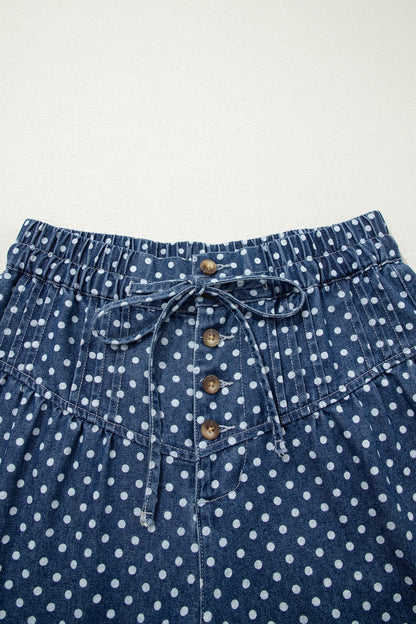 Sky Blue Polka Dot Print Button Pleated Detail Wide Leg Jeans
