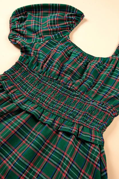 Green Plaid Shirred U Neck Short Sleeve Mini Dress