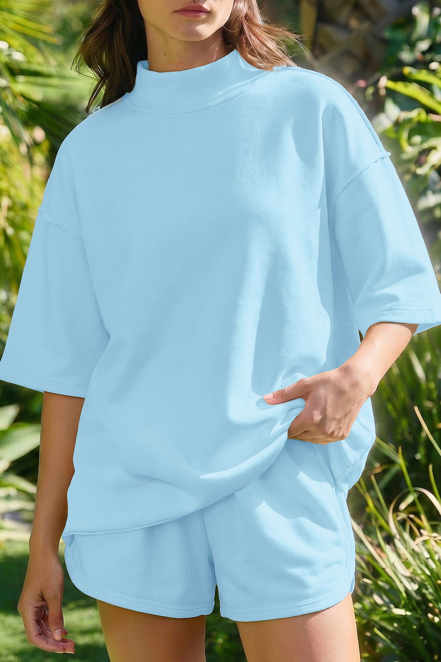 Yellow Cream Solid Color Exposed Seam Mock Neck Oversize Tee Casual Shorts 2pcs Outfit