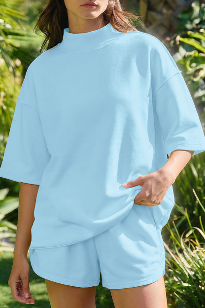 Yellow Cream Solid Color Exposed Seam Mock Neck Oversize Tee Casual Shorts 2pcs Outfit