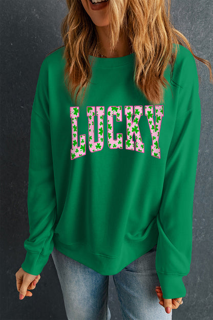 Dark Green LUCKY Clover Letter Printed Loose Pullover Sweatshirt