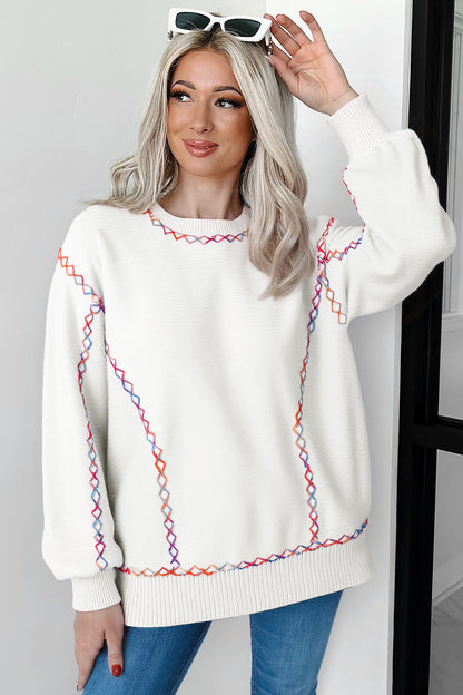 Orchid Bouquet Rainbow Stitching Balloon Sleeve Relaxed Sweater