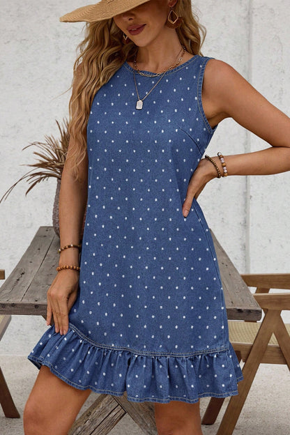 Blue Polka Dot Ruffle Hem Sleeveless Denim Mini Dress