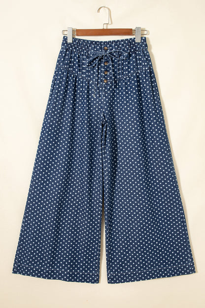 Sky Blue Polka Dot Print Button Pleated Detail Wide Leg Jeans