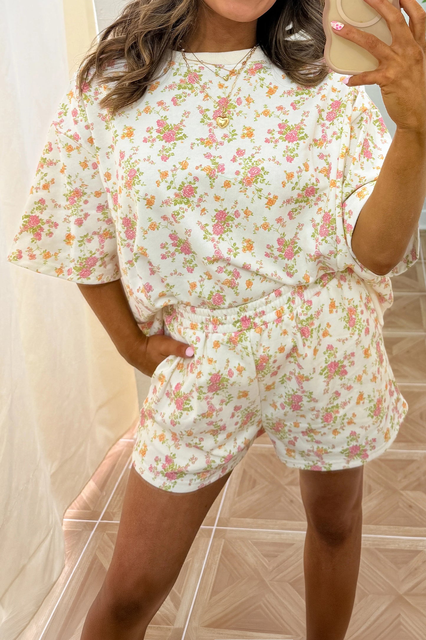 Pink Floral Print Short Sleeve Elastic Waist Pocket Two Piece Set