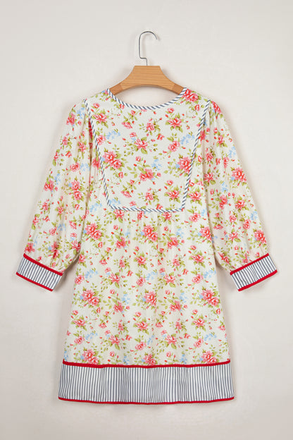Apricot Striped Edge 3/4 Puff Sleeve Floral Dress