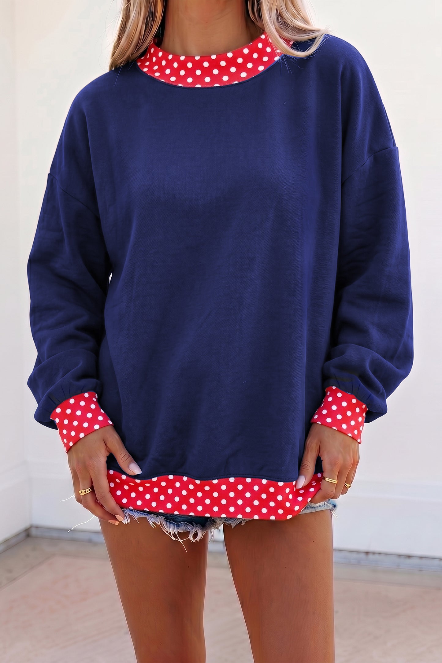 Brown Colorblock Polka Dot Contrast Trim Oversized Sweatshirt