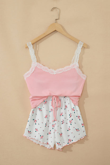 Pink Ribbed Knit Lace Straps Patchwork Lettuce Hem Cropped Top Floral Short Lounge Set