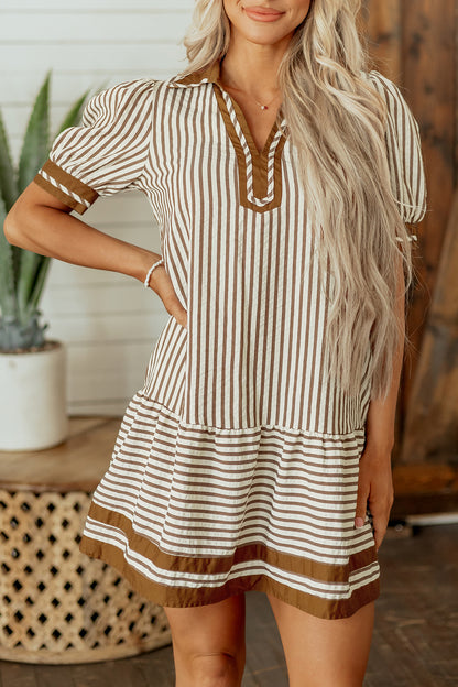 Brown Stripe Shirt Collar Color Block Patchwork Trim Ruffle Hem Short Dress