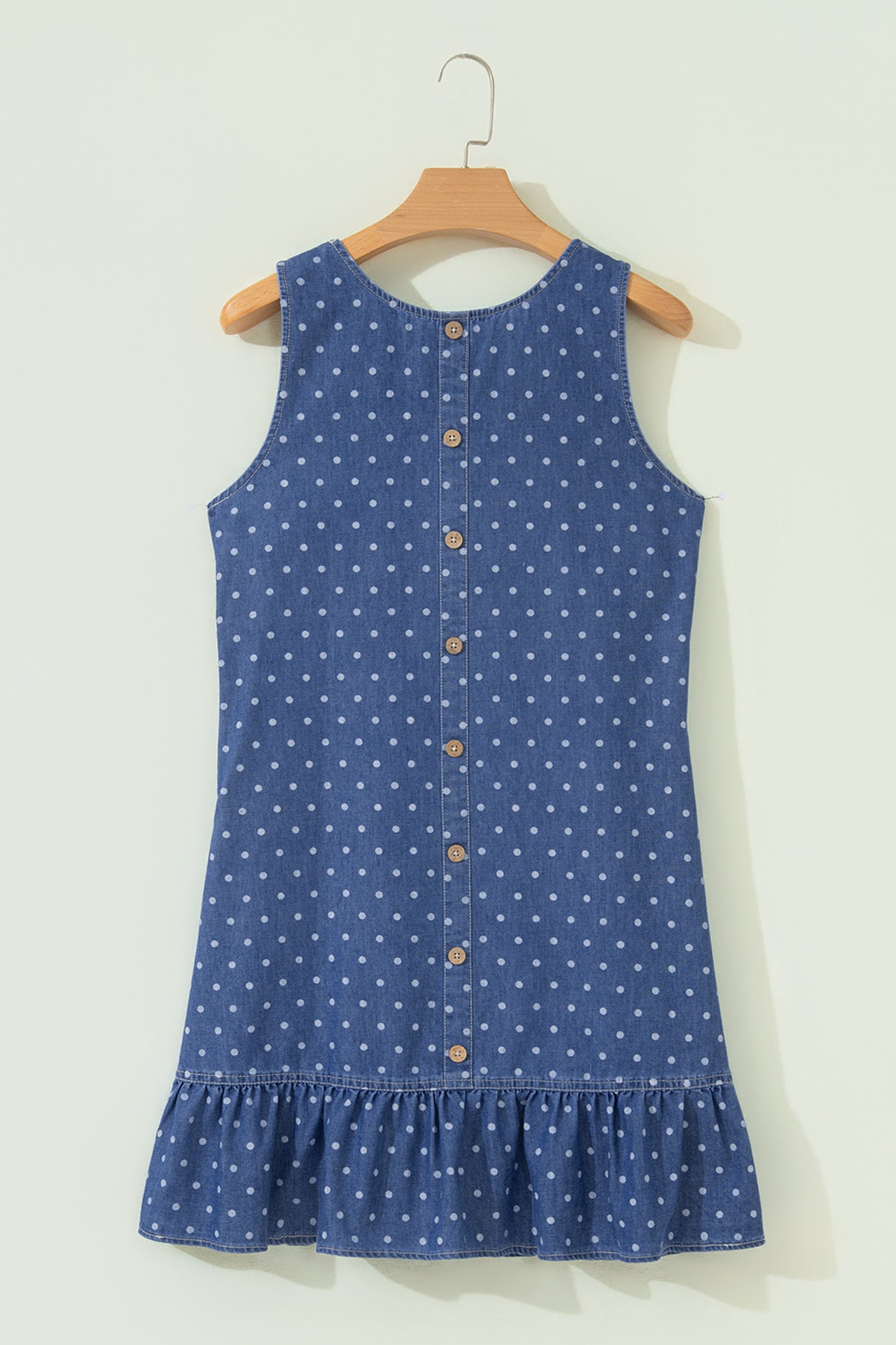 Blue Polka Dot Ruffle Hem Sleeveless Denim Mini Dress