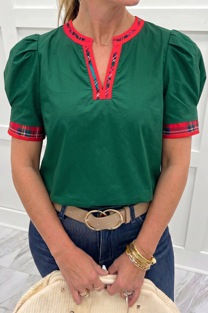 Evergreen Plaid Trim V Neck Short Sleeve Shift Blouse